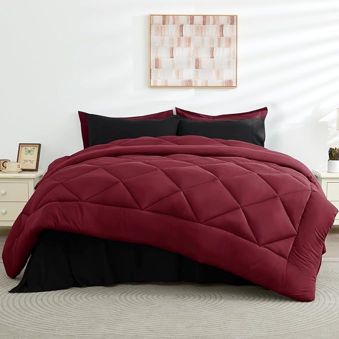 HEVUMYI Red & Black Twin Comforter Set - 5-Piece All Season Bed in a Bag Twin, Ultra Soft Burgundy Bedding Set with Comforter, Flat Sheet, Fitted Sheet, Pillowcases, Pillow Shams, Burgundy Red & Black