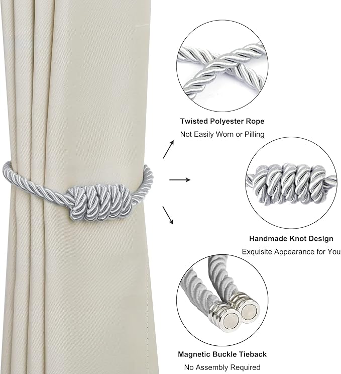 BEL AVENIR Magnetic Curtain Tiebacks, Decorative Drapery Holdbacks Modern Woven Tie-Backs with Exquisite Knot (Sliver, 6 Pack)