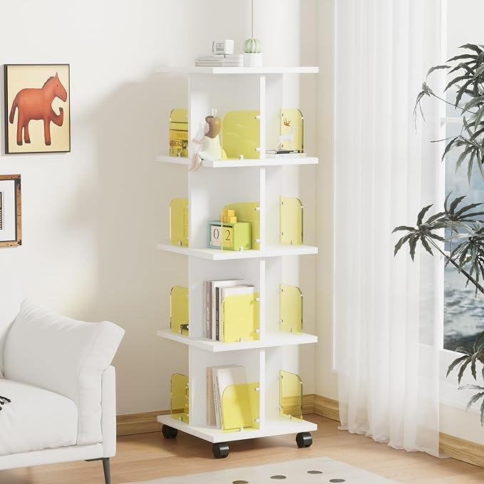 VECELO Rotating Bookshelf with Brake Wheels, 360°Display 4 Tier Floor Stackable Spinning-Bookshelf Tower for Kids&Adults, Revolving Bookcase for Small Space,Corner(White)