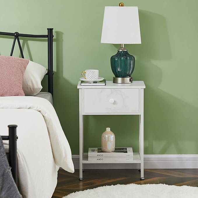 VECELO Nightstands Set of 2, Modern Bedside End Tables, Night Stands with Drawer and Storage Shelf for Living Room Bedroom, Industrial Metal Frame