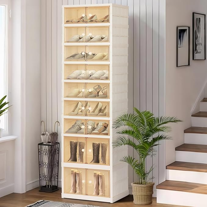 Foldable Shoe Organizer Storage Box, Portable Extra Large Folding Shoe Rack for Closet, Shoe Storage Box with Magnetic Transparent Door and Wheels, 9 Layers 18 Grids with 4 Big Grids