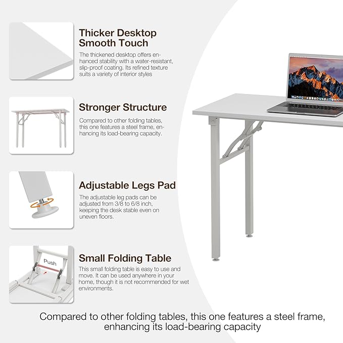 TEMI Small Computer Desk Folding Table - 43.3" Foldable Office Desk, No Assembly, Perfect for Small Spaces in Bedroom, Dorm, or Apartment, Portable Mini Desk or Study Table with Compact Design, White