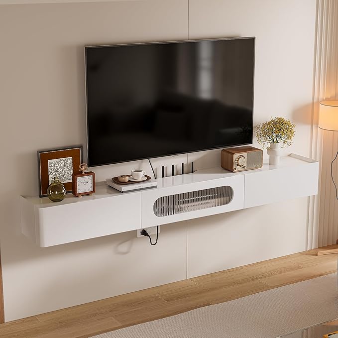 Floaticase Floating TV Stand, 47IN Fully Assembled Hign Gloss Wall Mounted TV Console with Flip-Down Door & Drawers for Livingroom, Bedroom