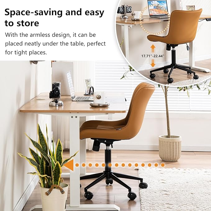 YOUNIKE Ergonomic Home Office Desk Chair with Wheels Comfy Armless Criss Cross Chair with Back Adjustable Height Modern Leather Upholstered Swivel Vanity Chair Small Cute Rolling Task Chair Tan