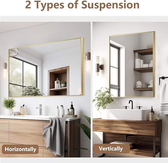 Gold Bathroom Mirror, 16"x20" Rectangle Mirror, Brushed Gold Mirror, Metal Frame Square Corner Vanity Mirror, Wall Mounted Mirror for Modern, Living Room, Bedroom, Horizontal Or Vertical