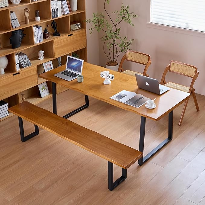 Solid Wood Top Bench with Metal Legs Durable Long Bench for Home Office Living Room Dining Room Versatile Multi Size Options Perfect Chair Stool Dining Chair (Light Brown Bench, 78.74in)