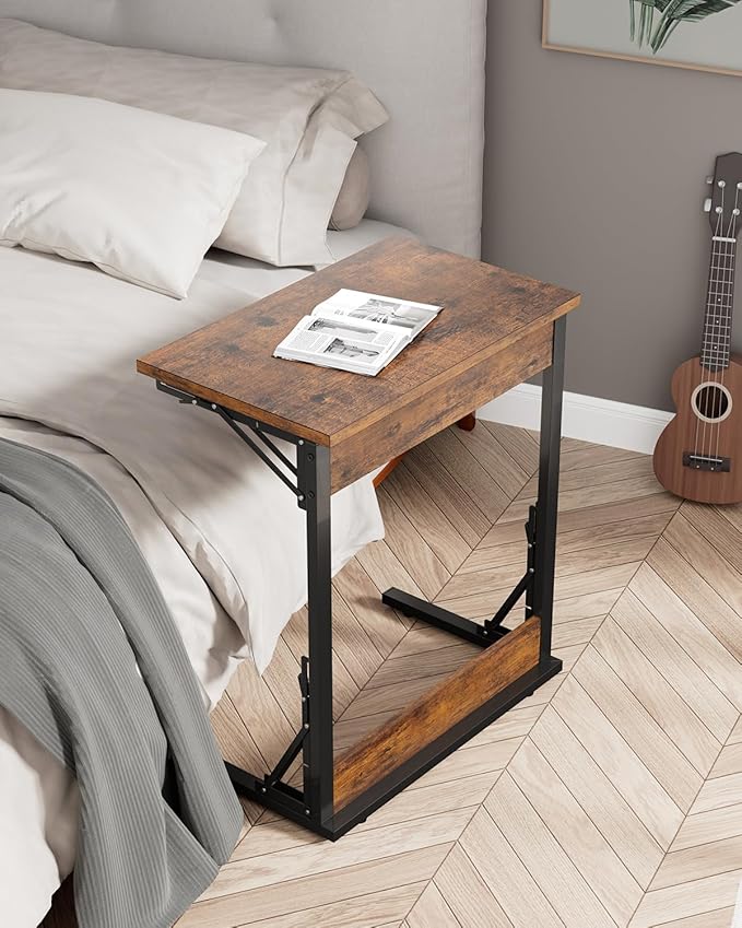 Tatub Folding TV Tray Table Set of 2, 24" Wide C-Shaped End Table for Couches, Small Sofa-Side Laptop Desk with Metal Frame for Living Room, Bedroom, Brown