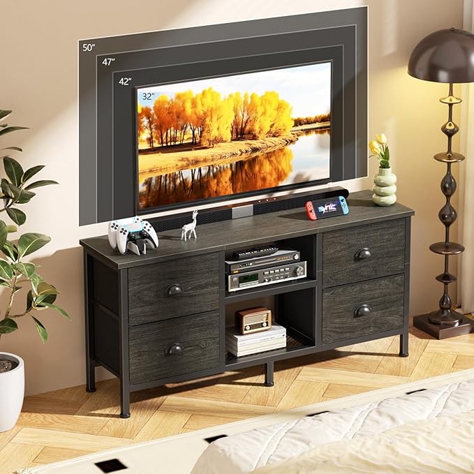 Furologee TV Stand with 4 Drawers, 43 inch Entertainment Center with Open Shelves, Media Center for 50" TV, Television Stand for Bedroom, Living Room/Light Black Oak