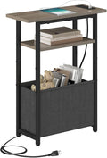Narrow Side Table with Charging Station, Small End Table for Small Spaces, Skinny Nightstands with Storage Basket, 3 Tier Sofa Couch Bedside Tables for Living Room,Bedroom, Grey