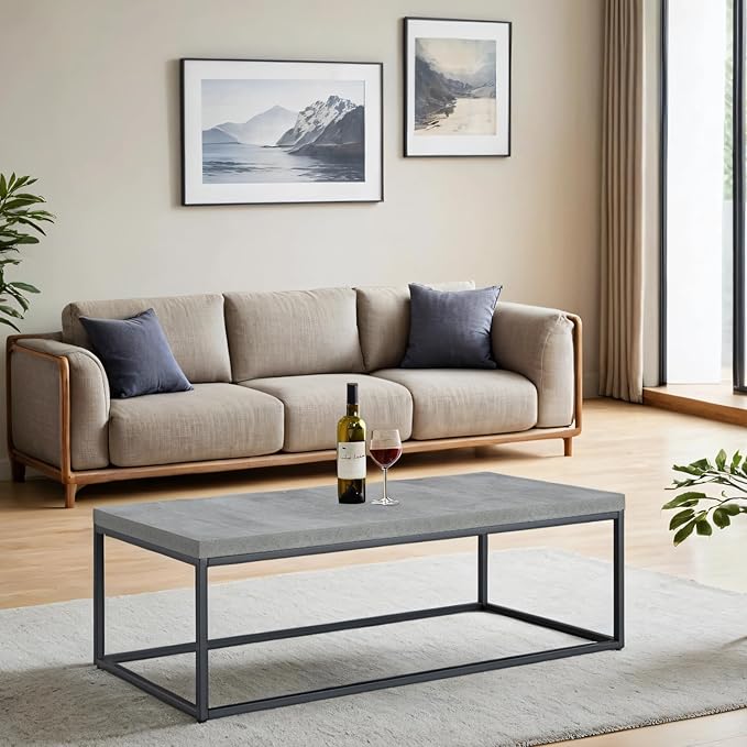 CENSI 47-Inch Grey Marble Accent Coffee Table/Center Table for Living Room, Rectangle Modern Industrial Style,Wood and Metal, Max.Loading 220 lbs. (Faux Concrete)