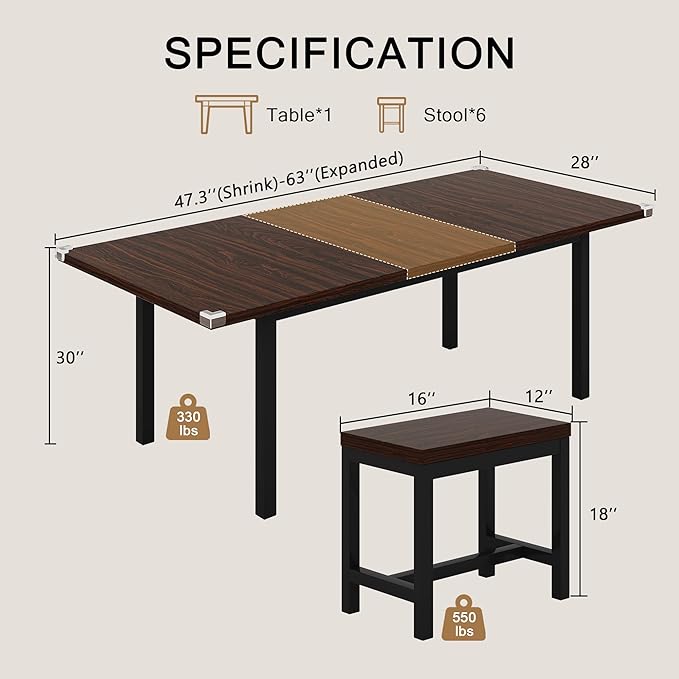7-Piece Dining Table Set, 63" Extendable Kitchen Room Table with 6 Stools, Mid Century Modern Dinner Table with Metal Frame & MDF Board, Space-Saving, Easy Assembly, Espresso