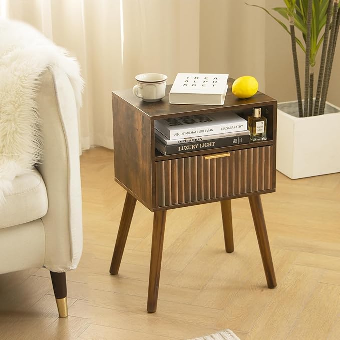 Walnut Nightstand, Wooden Bedside Table with Fluted Drawers and Open Shelf, Night Stand Wood for Bedroom, Dorm and Small Space (Rustic Brown)