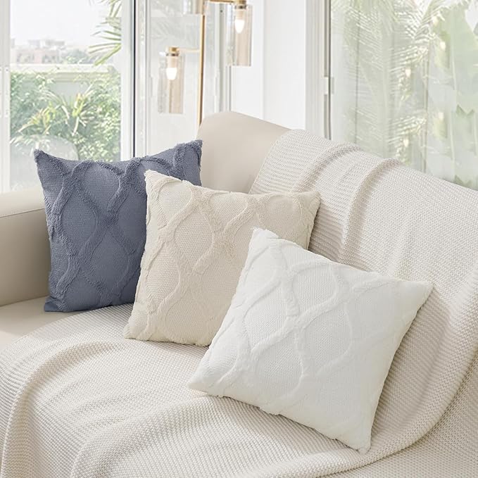 decorUhome Throw Pillow Covers 16x16 Inch Set of 2, Soft Plush Faux Fur Wool Cream White Couch Pillow Covers, Decorative Neutral Pillow Cases for Bed Sofa Living Room Home Decor