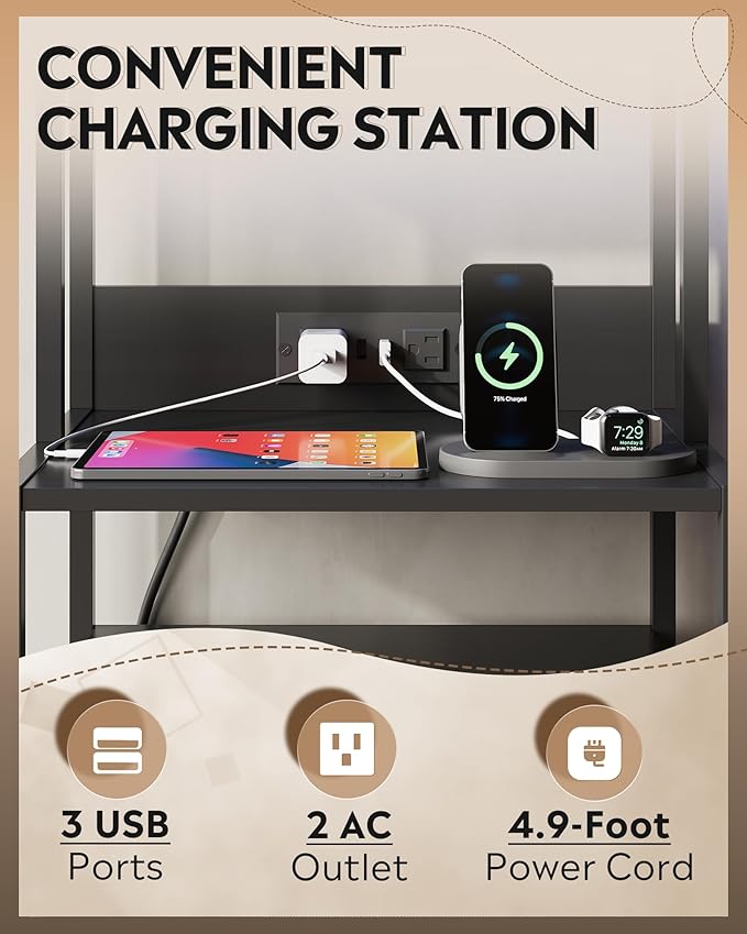 WLIVE Nightstand with Charging Station, LED Night Stand with 2 Drawers and 4 Storage Open Shelves, Fabric Dresser for Bedroom, Black
