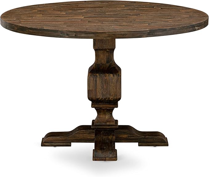 East West Furniture I3MZ5-748 5 Piece Dining Room Table Set Includes a Round Kitchen Table with Pedestal and 4 Coffee Linen Fabric Parson Dining Chairs, 48x48 Inch, Distressed Jacobean