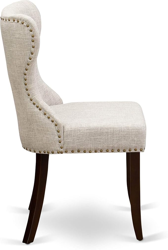 East West Furniture DLSI5-MAH-35 5 Piece Kitchen Table & Chairs Set Includes a Round Dining Room Table with Dropleaf and 4 Doeskin Linen Fabric Parson Dining Chairs, 42x42 Inch, Mahogany