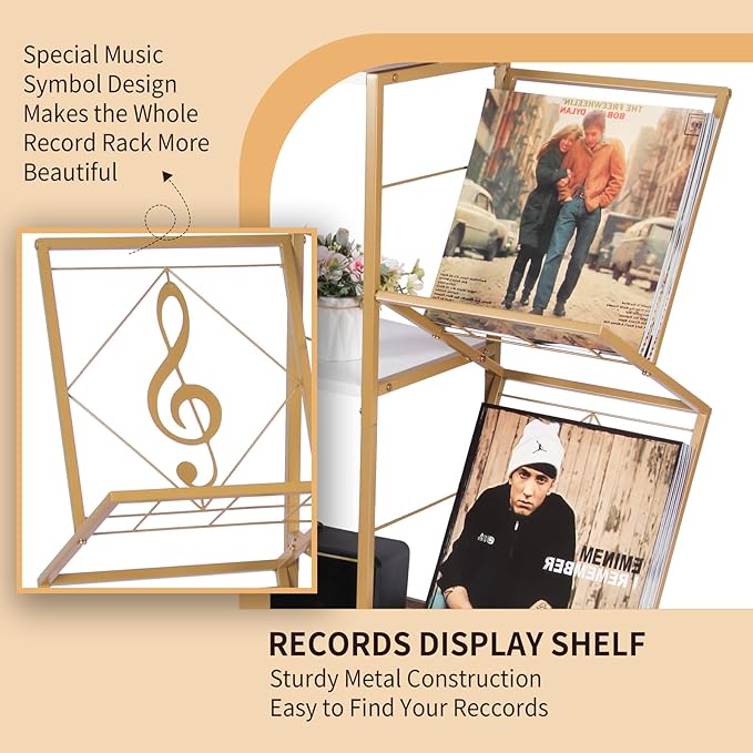 Record Player Stand with Vinyl Record Storage, Turntable Stand with 4-Tier Vinyl Display Shelf & Metal Frame, Record Holder for Living Room, Gold & White