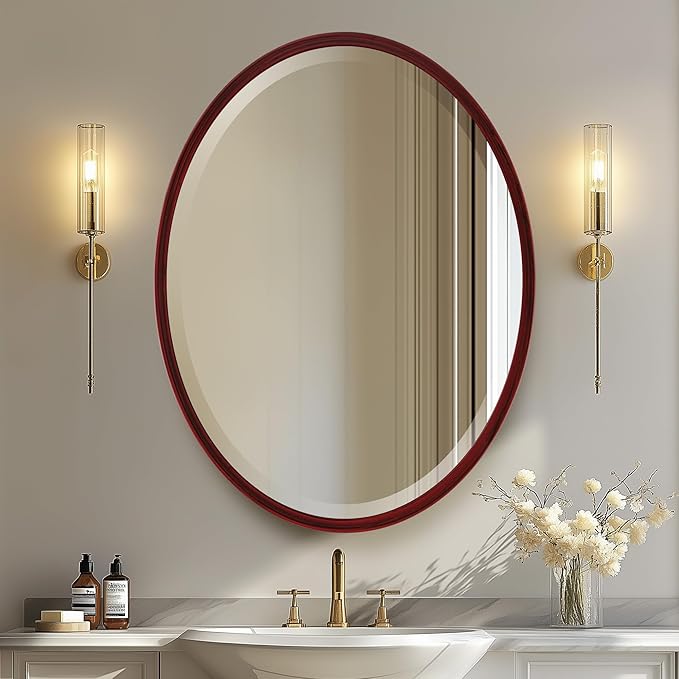 OVALCREST - Oval Wooden Beveled Wall Mirror for Home Decor, Bathroom, Vanity, Bedroom, Living Room, Hallway - London Style (Black Cherry) 19.1 x 25.1