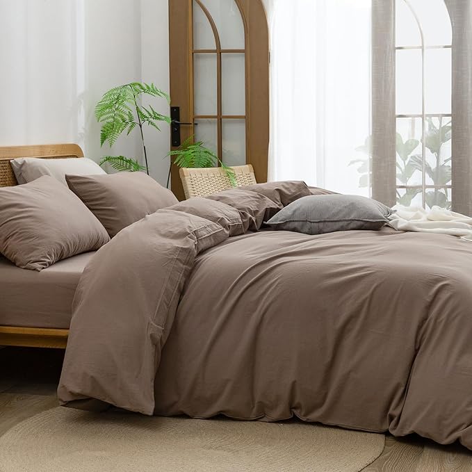 BESTOUCH Duvet Cover Set 100% Washed Cotton Linen Feel Super Soft Comfortable Chic Lightweight 3 PCs Home Bedding Set Solid Pine Bark Brown Super Queen