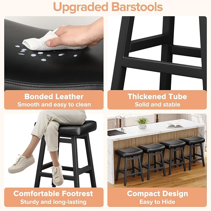 Counter Height Bar Stools Set of 2, 24 Inch Barstools for Kitchen Counter, Kitchen Stools with Bonded Leather Saddle Seats & Heavy Duty Metal Legs, Easy Assembly, All Black
