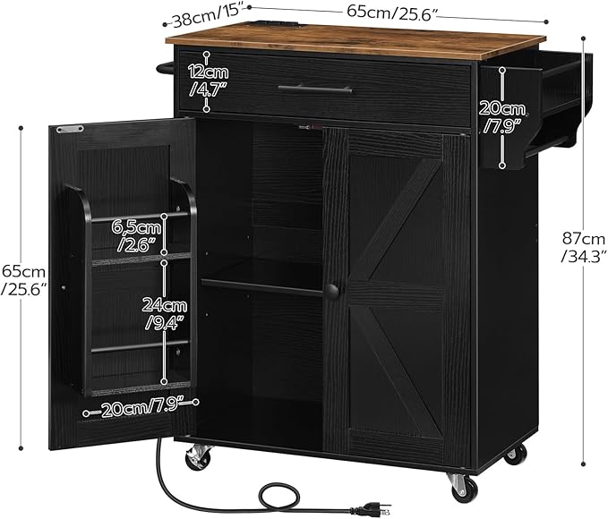 HOOBRO Kitchen Island with Power Outlet, Kitchen Island Storage Island with Large Worktop, Spice Rack and Drawer, Rolling Kitchen Cart on Wheels, for Kitchen and Dining Room, Rustic Brown and Black