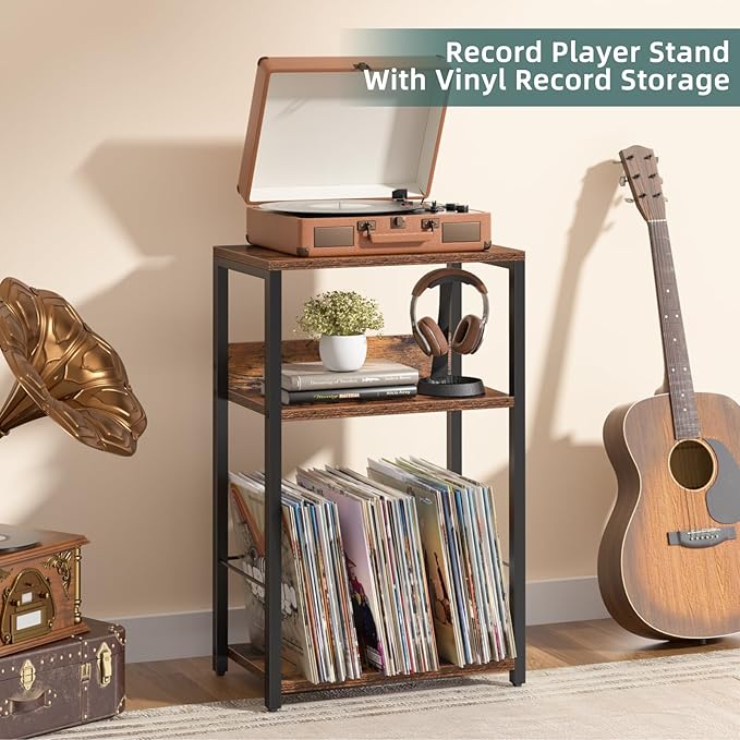 LELELINKY Record Player Stand, 3-Tier End Side Table with Vinyl Record Storage, Vinyl Record Holder Up to 120 Albums, Turntable Stand with Vinyls Storage for Music Living Room, Brown