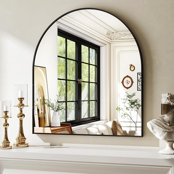 31"x32" Arched Wall Mirror for Bathroom, Black Vanity Mirror for Bedroom, Living Room, Entryway, Decorative Hanging Mirror for Wall
