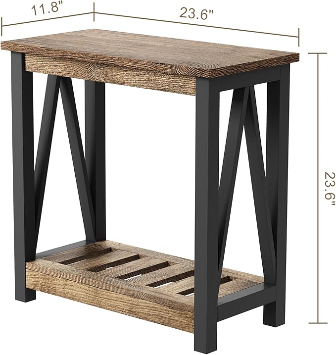 ChooChoo Farmhouse End Table, Narrow Side Table, Slim End Table with Storage Shelf for Small Spaces for Living Room, Bedroom Rustic Oak & Black
