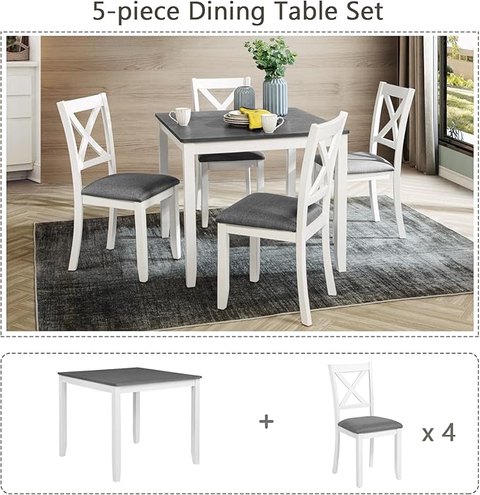 KEIKI 5-Piece Standard Height Dining Table Set with Square Table and 4 X-Shaped Backrest Upholstered Chair, for 4 Person, Modern Wooden Table Set, Easy Assembly, for Kitchen, Dining Room, White+Gray