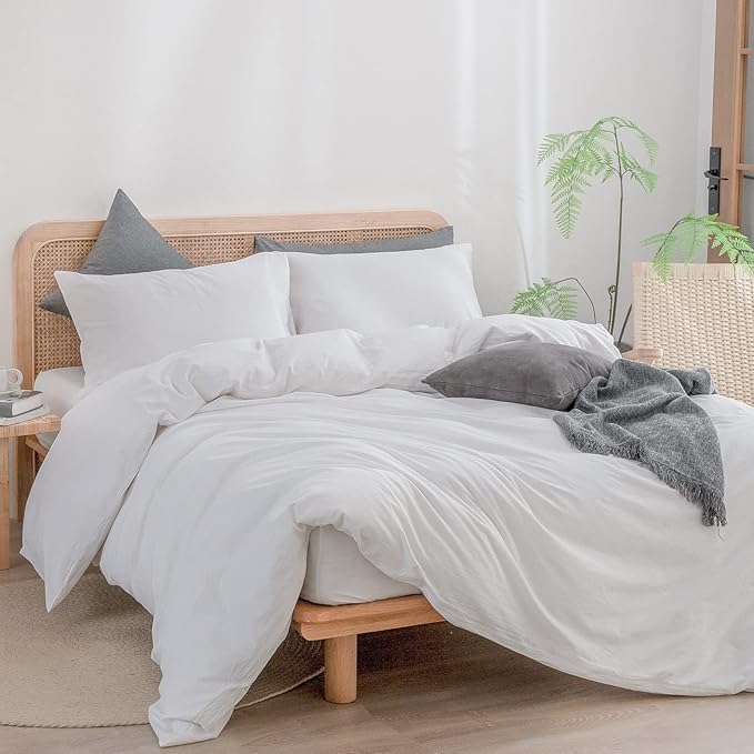 BESTOUCH Duvet Cover Set 100% Washed Cotton Linen Feel Super Soft Comfortable Chic Lightweight 3 PCs Home Bedding Set Solid Bright White Cal King