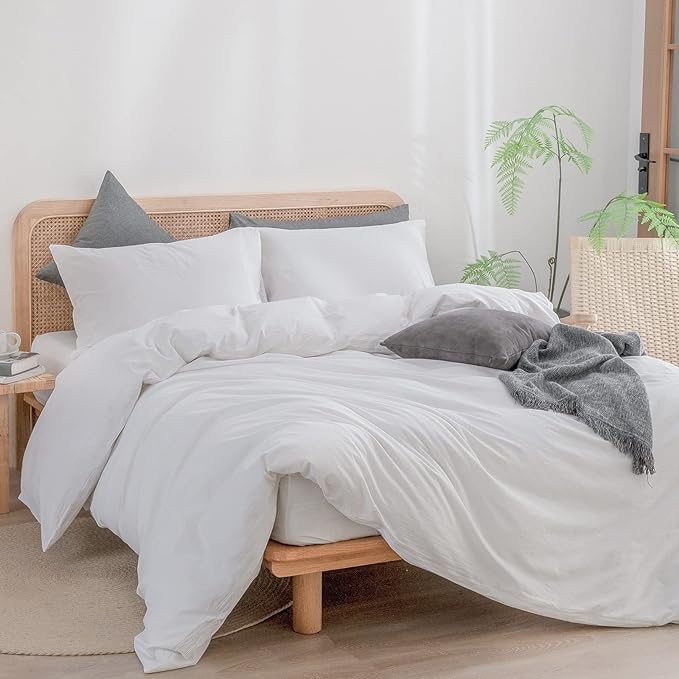 BESTOUCH Duvet Cover Set 100% Washed Cotton Linen Feel Super Soft Comfortable Chic Lightweight 3 PCs Home Bedding Set Solid Bright White Queen