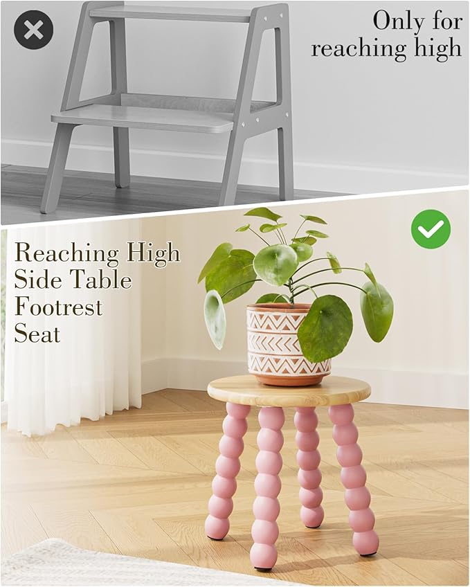 Masupu Solid Wooden Step Stool for Adults Kids, 11 inch Small Foot Stool, Non-Slip One Step Stool, Sturdy Foot Stool for Bathroom, Bedroom, Kichen, Plant Stand(Natural and Pink)