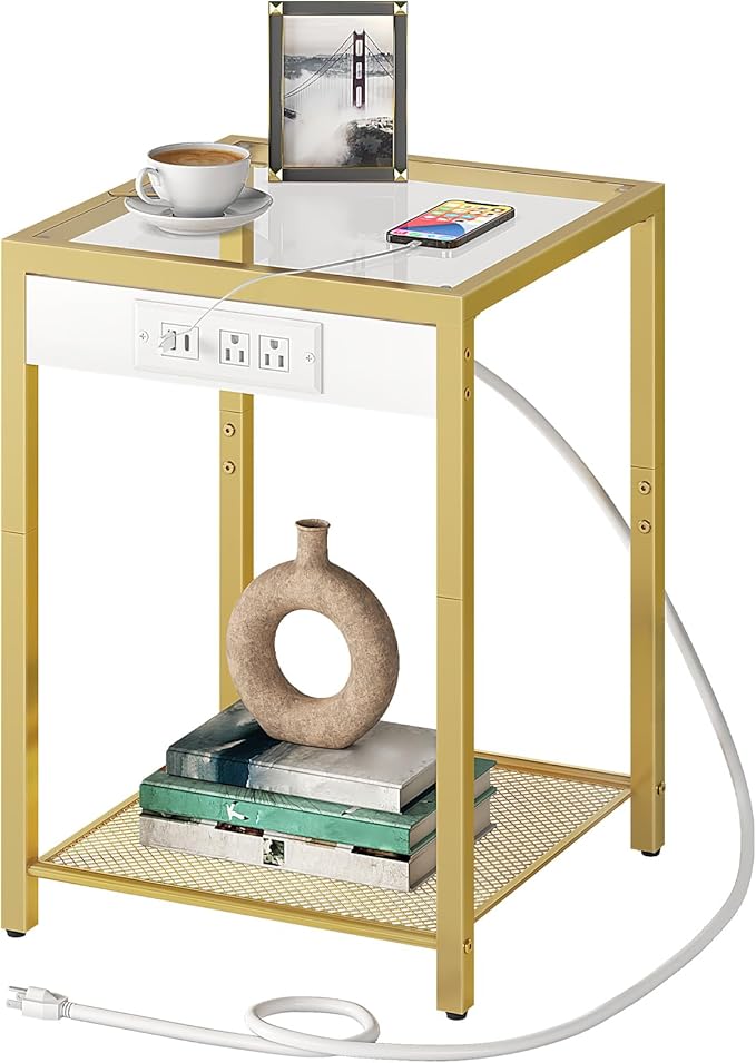 HOOBRO Side Table with Charging Station, Set of 2 End Tables with USB Port, Nightstand for Tight Spaces, Tempered Glass, Modern Metal Frame, for Office, Bedroom, Living Room, Gold GD76UBZP201