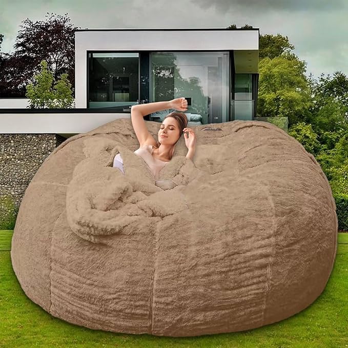Bean Bag Chair for Adults Kids Without Filling Comfy Oversized Round Lazy Sofa Bean Bag Cover for Stuffed Animal Storage Bedroom Living Room Chairs, 6FT, Khaki