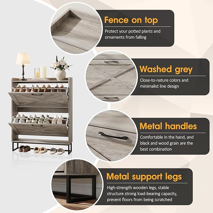 Maupvit Shoe Cabinet with 2 Flip Drawers, Freestanding Shoe Cabinet Organizer with Metal Legs, Shoes Storage Cabinet for Entryway, Narrow Shoe Rack Cabinet, Washed Gray