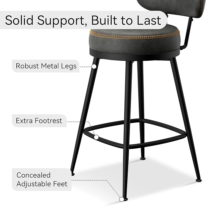 Counter Height Bar Stools, 26" H Swivel Barstools Set of 6, Faux Leather Kitchen Counter Stools with Back and Stylish Stitching, Metal Frame, Pub, Home Bar, Black Grey