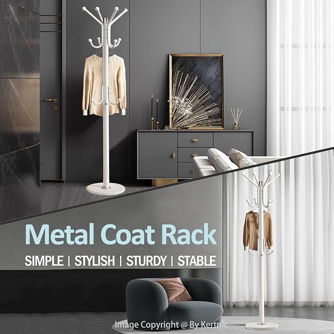 Kertnic Modern Coat Rack Freestanding with Natural Marble Base & Sturdy Metal Frame, 11 Hooks Hall Tree for Jackets, Hats, Bags, Entryway Organizer for Bedroom, Living Room, Closet (White)