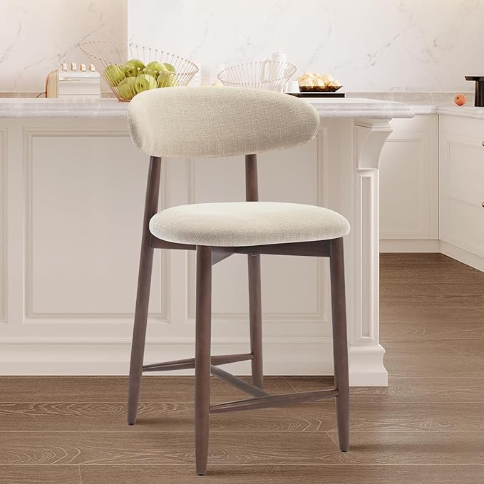 COLAMY Counter Height Bar Stools Set of 6, Kitchen Bar Stools with Back, Mid Century Modern Upholstered Stools, with Wood Legs for Kitchen Island Dining Room, Beige