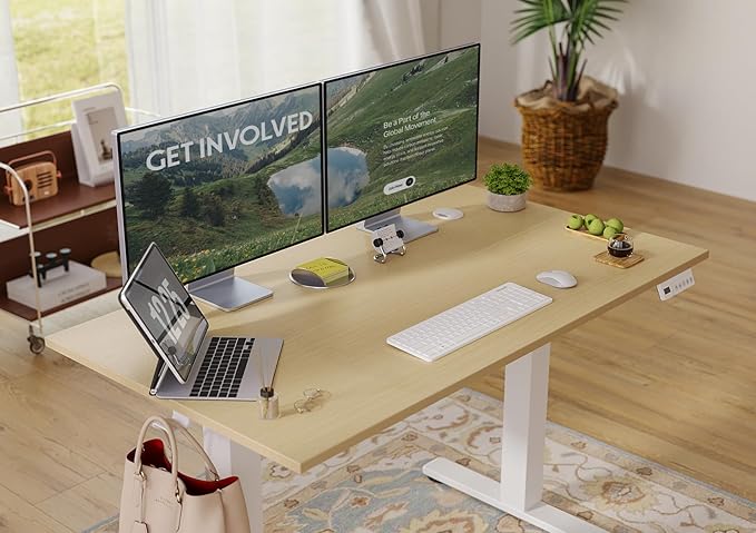 Seang Electric Standing Desk Adjustable Height, 40 x 24 Inch Sit Stand Desk with T-Shaped Frame, 3 Memory Presets & Cable Management for Home Office Computer Workstation, White Frame/Nature Top