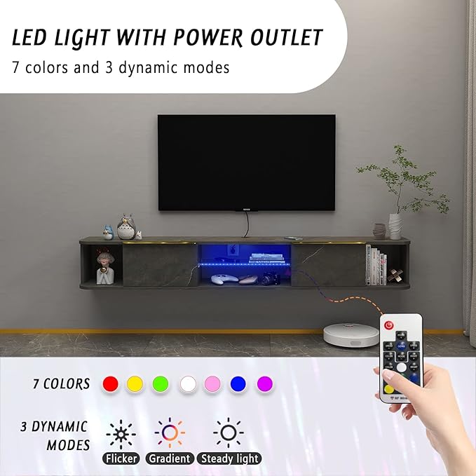 Pmnianhua LED Floating TV Stand with 2 Drawers for 75 inch TV,70'' Floating TV Console with LED Lights,Floating Entertainment Shelf with Storage for Bedroom Playroom Living Room(Dark Grey)