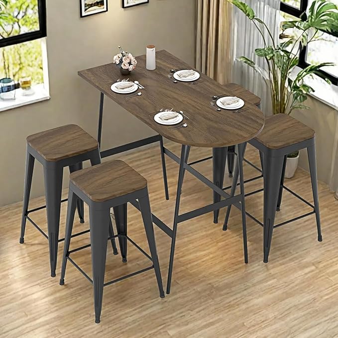 24 inch Backless Bar Stools Set of 4, Indoor Metal Bar Stools with Wood Seat, Industrial Counter Height Barstools for Kitchen Island, Black
