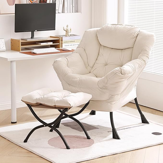 Lazy Chair with Ottoman, Modern Chair with Folding Footrest, Lounge Accent Chair, Comfortable Reading Chair, Oversized Armchairs for Bedroom, Study, Living Room, Courtyard (Beige)