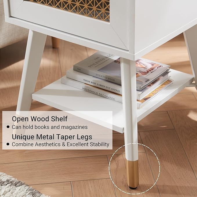 Modern Style Side Table, End Table with Drawer and Shelf for Living Room, Square Wooden Small Nightstand, White