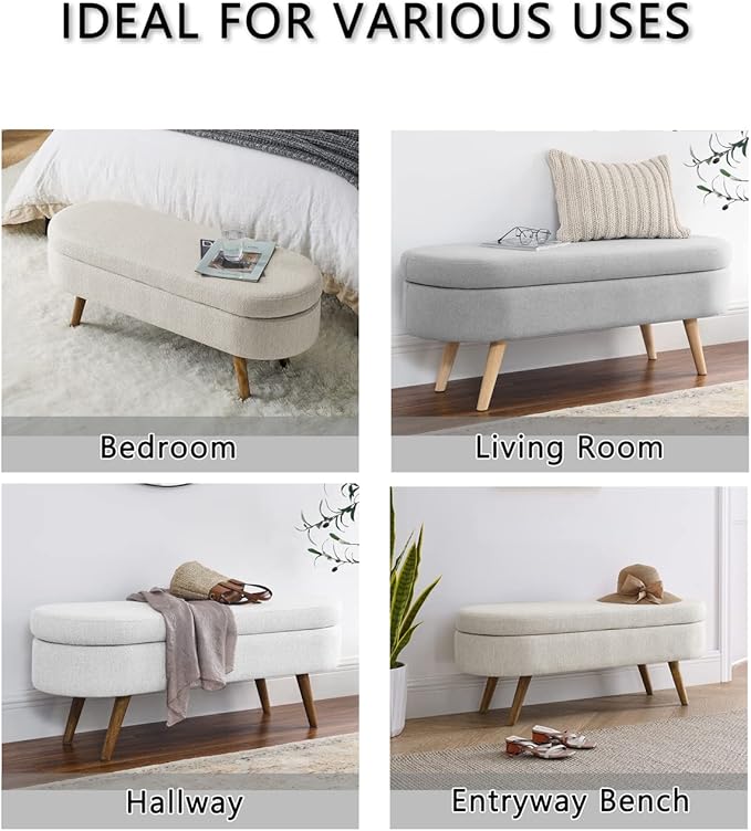 Oval Storage Bench 43.5" Linen Fabric Upholstered Entryway Bench with Solid Wood Legs Ottoman Bench Indoor Bench for Living Room/Bedroom/End of Bed/Entryway (Grey)
