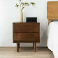 Night Stand, Mid Century Modern Nightstand w/2 Drawers, Boho Small Bedside Table, Oak Solid Wood, 17.72 W x 15.75 D x 19.69 H Inches (Walnut, Double Drawer)