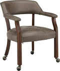 LEEMTORIG Large Dining Chairs with Casters and Arms, Rolling Dining Chairs with Wheels, Poker Chairs, Solid Wood Office Desk Chairs, 26"D x 25.2"W x 31.5"H, Cherry Legs & Dark Brown Fabric SY-1533-DK