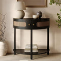 Entryway Table Rattan Half-Moon Console - Semicircular Black Oak & Natural Cane with Brass Knobs - Console Table with Storage & Narrow Curved Design for Entryway & Living Room Decor