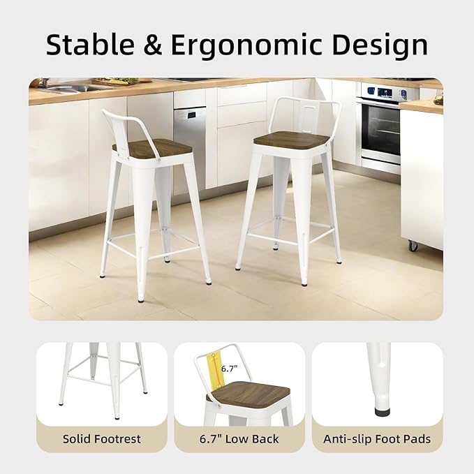 White Bar Stools Set of 4, Metal Bar Stools with Wooden Seat, Modern 30”Counter Height Barstools with Low Back