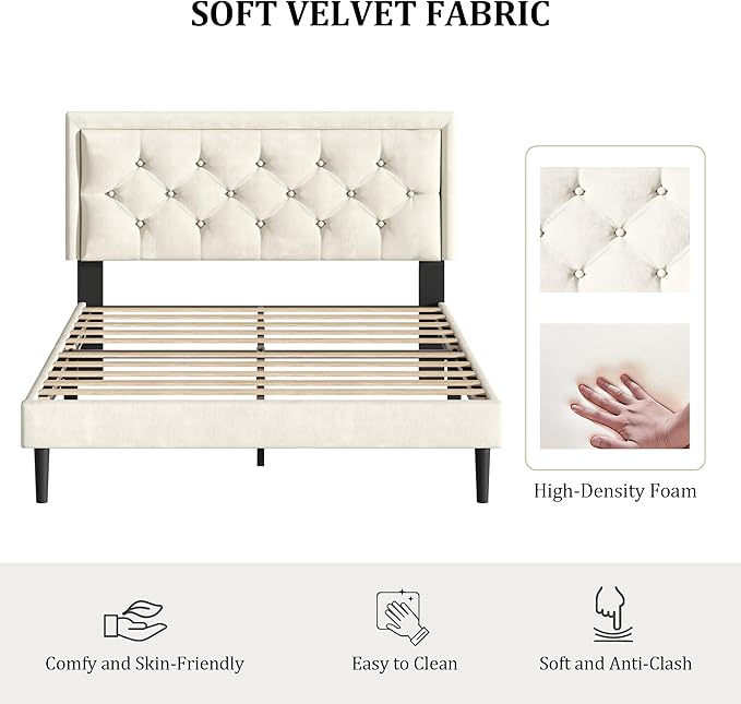 Queen Size Platform Bed Frame with Upholstered Velvet Button Tufted Headboard, Mattress Foundation with Wooden Slat Support, No Box Spring Needed, Easy Assembly, Noise Free, Beige