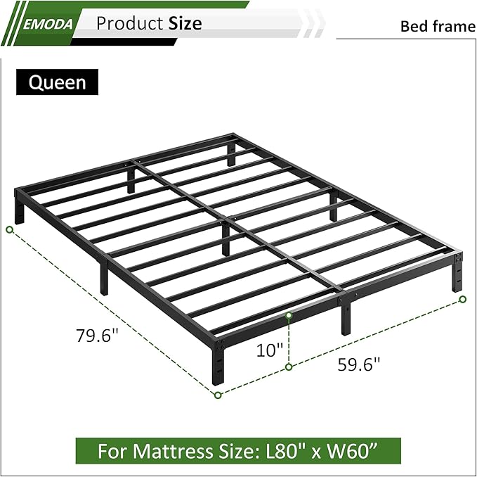 EMODA Queen Bed Frame No Box Spring Needed 10 Inch Heavy Duty Metal Platform BedFrame Queen Size with Steel Slats, Easy Assembly, Black